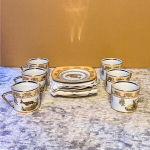 Gold Accent Deer Motif Porcelain Cups and Saucers 6 person set